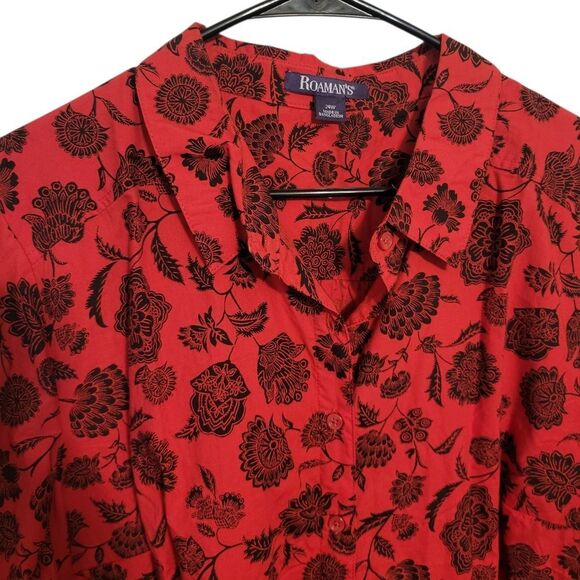 #78 Roaman's Red Black Floral Womens Button Up Shirt, Plus Size 24W - Picture 3 of 9